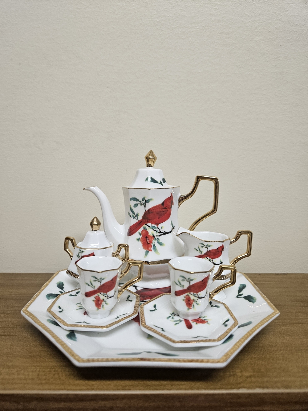Miniature Porcelain Tea Set with Red Bird Cardinal and Gold Trim